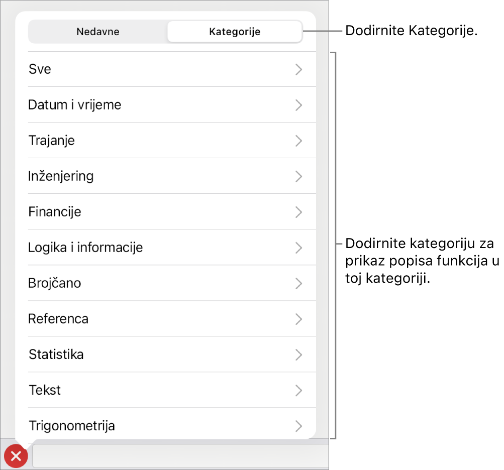 Preglednik funkcija s odabranom tipkom Kategorije i popis kategorija ispod.