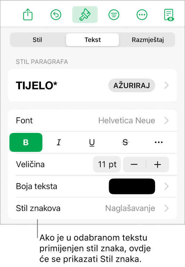 Kontrole za formatiranje teksta sa Stilom znaka ispod Kontrola boja. Stil znaka Bez javlja se s asteriskom.