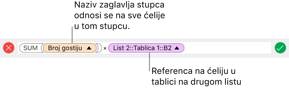 Urednik formula s prikazom formule koja se odnosi na stupac u jednoj tablici i ćeliju u drugoj tablici.