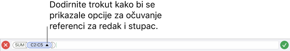 Urednik formula prikazuje kako se može sačuvati reference retka i stupca kad se ćelija kopira ili premjesti.