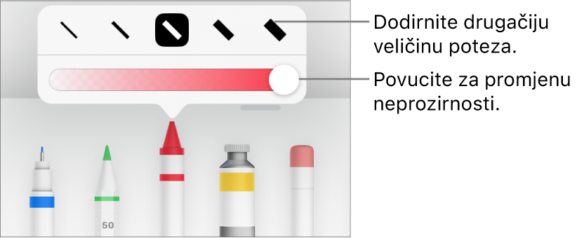 Kontrole za odabir veličine poteza i kliznik za prilagodbu neprozirnosti.