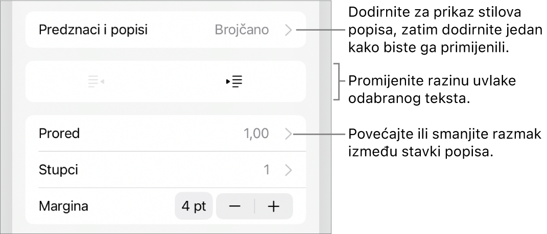 Odjeljak Predznaci i popisi kontrola formatiranja s oblačićima na Predznake i popise, tipke za izvlake i uvlake i kontrole razmaka između redaka.