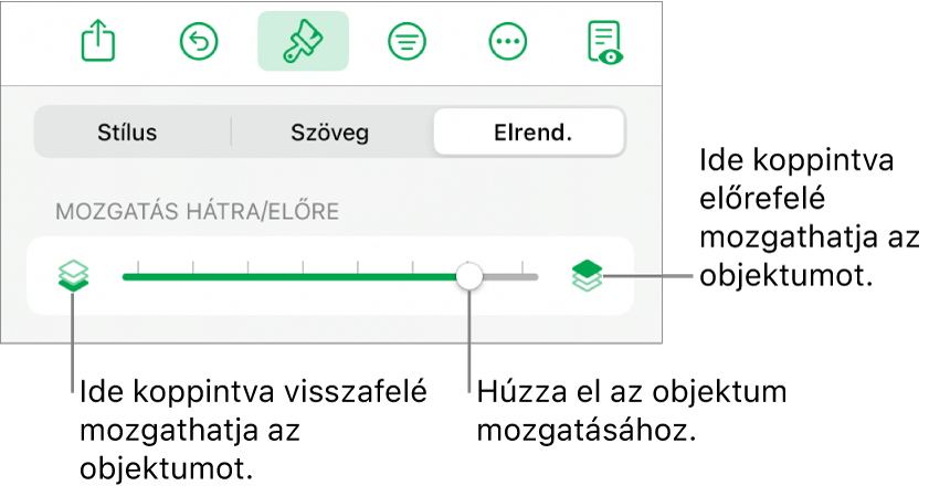 Visszafelé mozgatás gomb, Mozgatás előre gomb és a rétegezés csúszka.