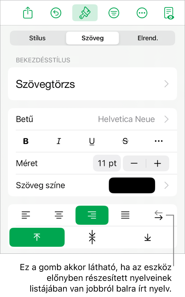 A Formátum menüben elérhető Stílus szakasz a Jobbról balra gombhoz tartozó felirattal.