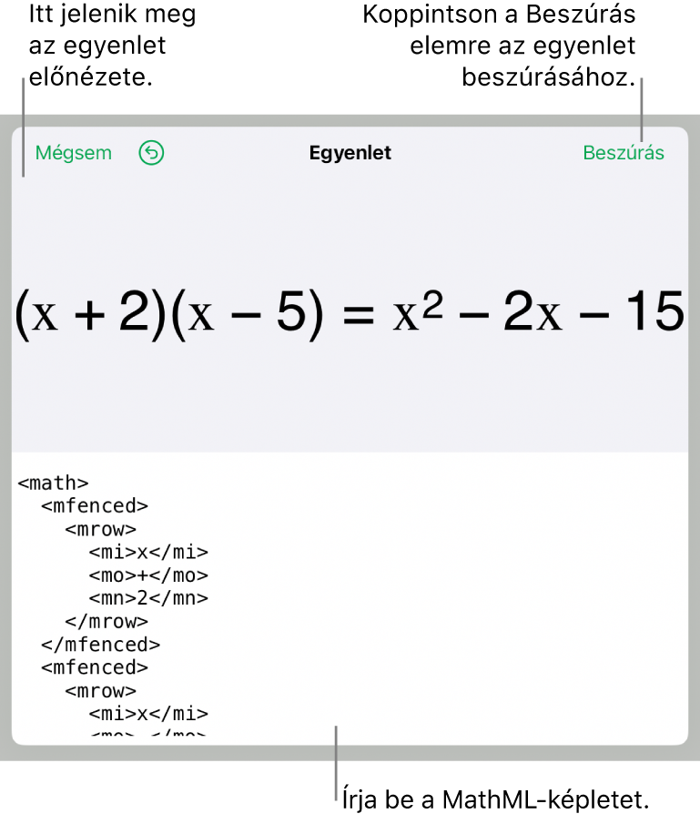Az Egyenlet párbeszédpanel, amelyen egy, a MathML-parancsok használatával írt egyenlet, felül pedig az egyenlet előnézete látható.