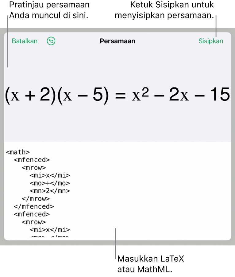 Dialog Persamaan, menampilkan sebuah persamaan ditulis menggunakan perintah MathML, dan pratinjau formula di atas.