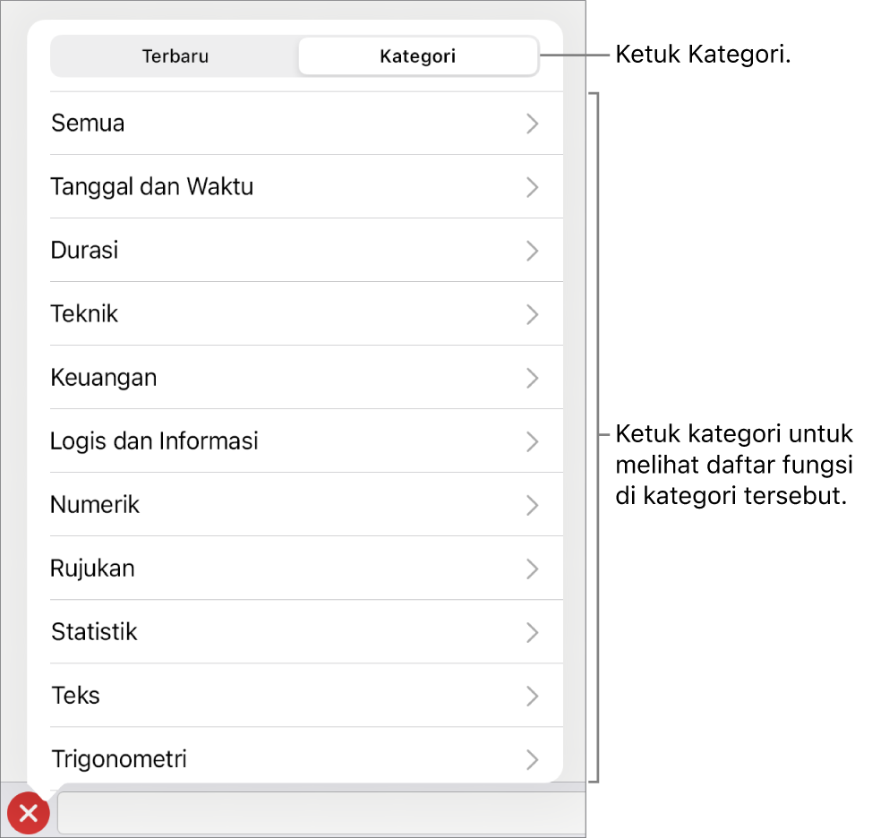 Browser Fungsi dengan keterangan untuk tombol Kategori dan daftar kategori.