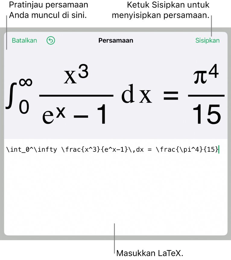 Dialog Persamaan, menampilkan sebuah persamaan ditulis menggunakan perintah LaTex, dan pratinjau formula di atas.