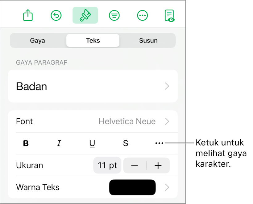 Kontrol Format dengan gaya paragraf di bagian atas, lalu kontrol Font. Di bawah Font terdapat tombol Tebal, Garis Bawah, Coret, dan Pilihan Teks Lainnya.