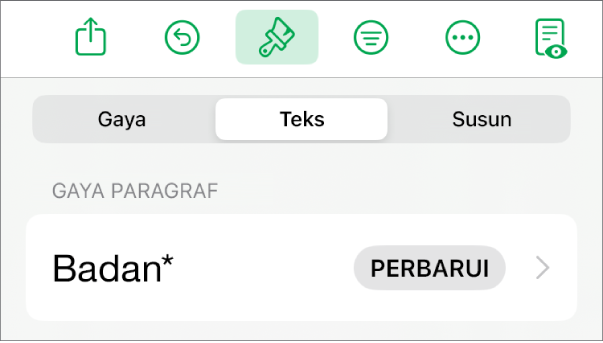 Gaya paragraf dengan asterisk di sampingnya dan tombol Perbarui di sebelah kanan.