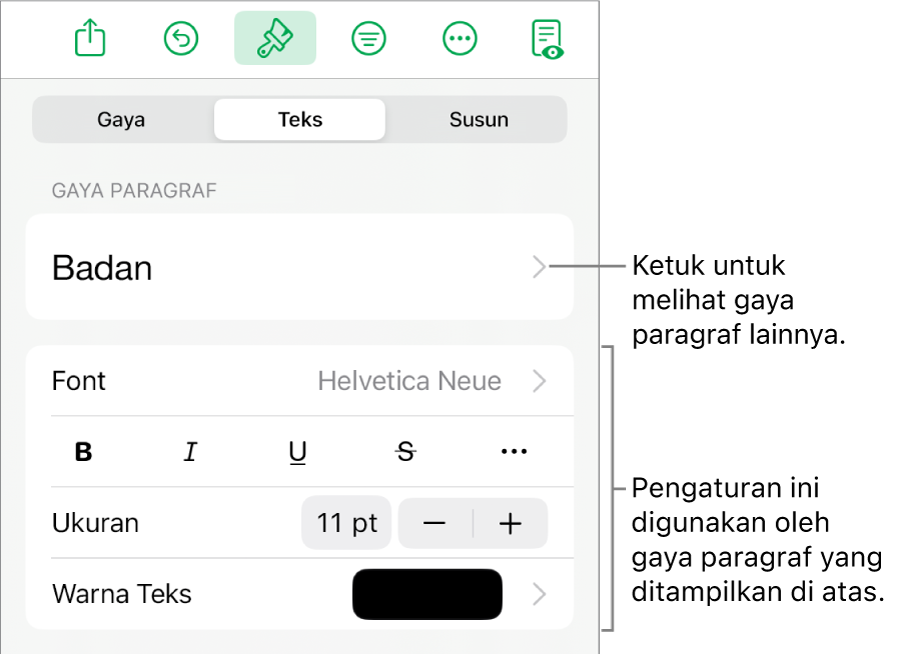 Menu Format menampilkan kontrol teks untuk mengatur paragraf dan gaya karakter, font, ukuran, dan warna.