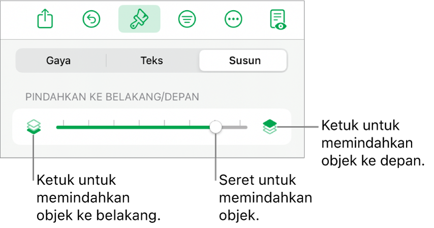 Tombol Pindahkan ke Belakang, tombol Pindahkan ke Depan, dan penggeser lapisan.