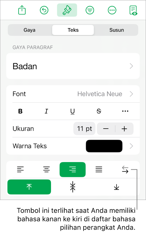 Bagian Gaya di menu Format dengan keterangan ke tombol Kanan ke Kiri.
