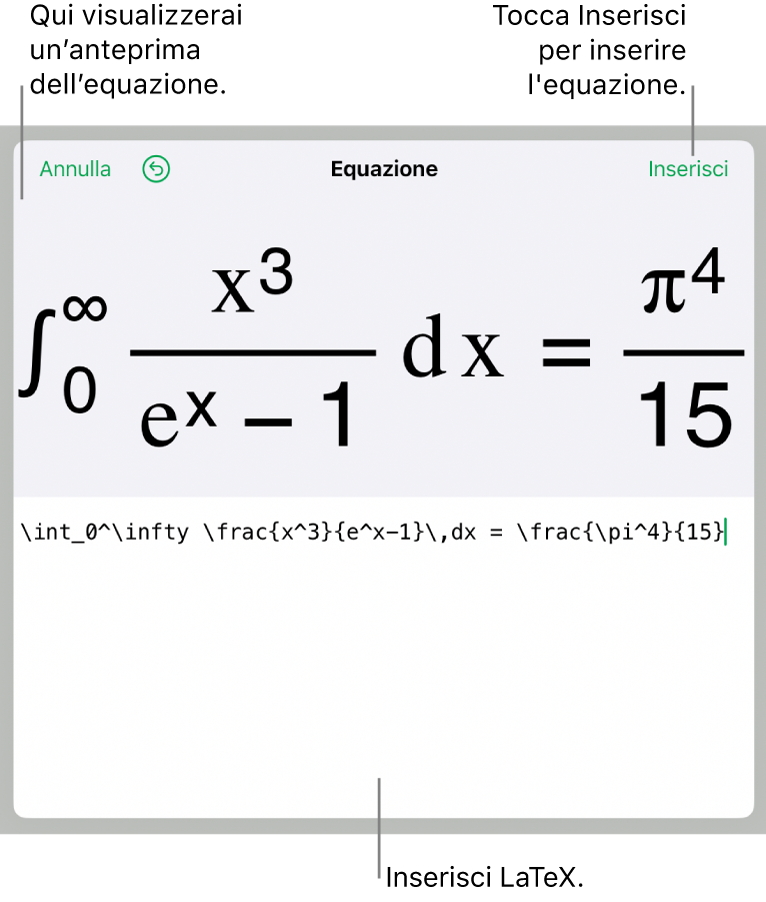 La finestra di dialogo Equazione con l’equazione scritta tramite comandi LaTeX e un’anteprima della formula di cui sopra.