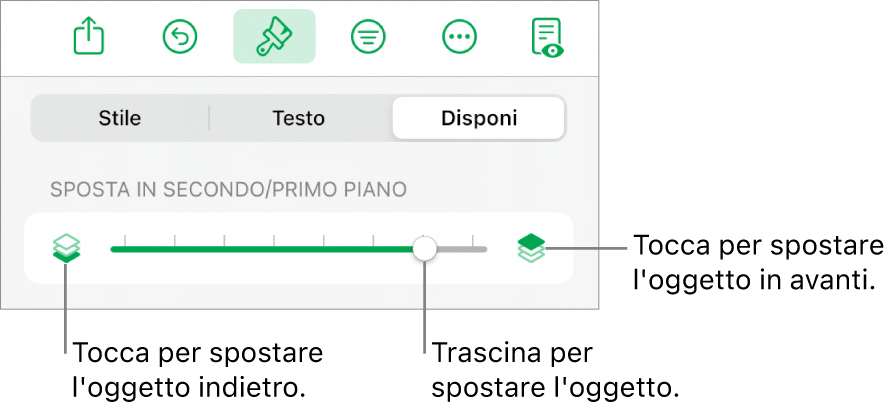 Pulsante sposta indietro, pulsante sposta avanti e cursore livelli.