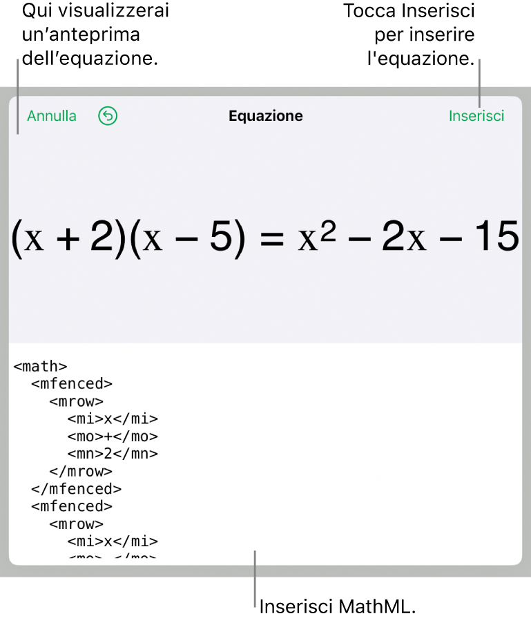 La finestra di dialogo Equazione che mostra l’equazione scritta tramite comandi MathML e un’anteprima della formula di cui sopra.