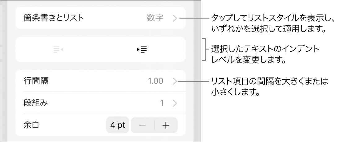 「箇条書きとリスト」のコールアウトが表示された「フォーマット」コントロールの「箇条書きとリスト」セクション。インデント解除ボタン、インデントボタン、行間隔コントロールが表示された状態。