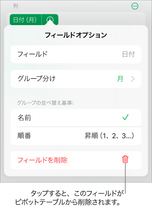 「フィールドオプション」メニュー。データのグループ化と並べ替えのためのコントロールと、フィールドを削除するためのオプションが表示されています。