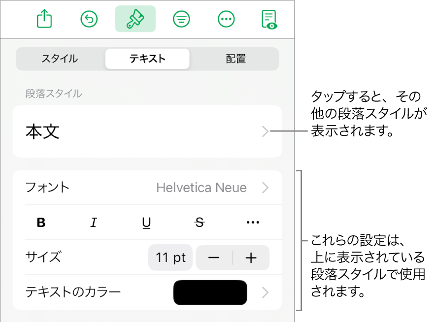 「フォーマット」メニュー。段落と文字のスタイル、フォント、サイズ、色を設定するためのテキストコントロールが表示されています。