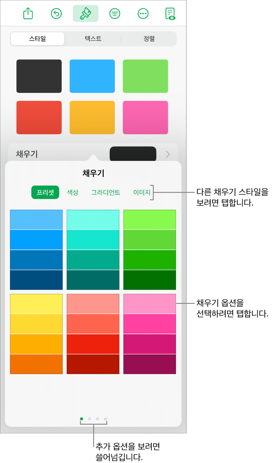 포맷 버튼의 스타일 탭에 있는 채우기 옵션.