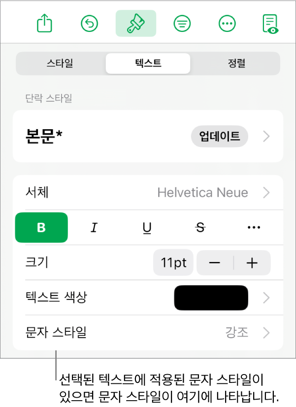 색상 제어기 아래 문자 스타일이 있는 텍스트 포맷 제어기. 문자 스타일 없음이 별표와 함께 표시됨.