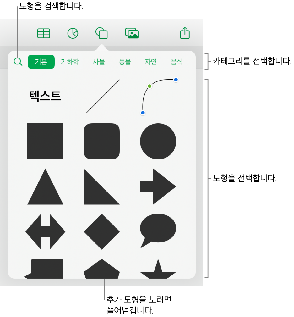 상단에 카테고리가 있고 그 아래에 도형들이 표시된 도형 라이브러리. 상단 검색 필드를 사용하여 도형을 찾고 쓸어넘겨 더 많은 도형을 볼 수 있습니다.