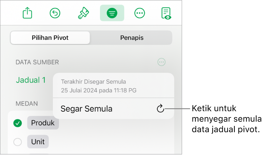 Menu Pilihan Pivot menunjukkan pilihan untuk menyegar semula jadual pivot.