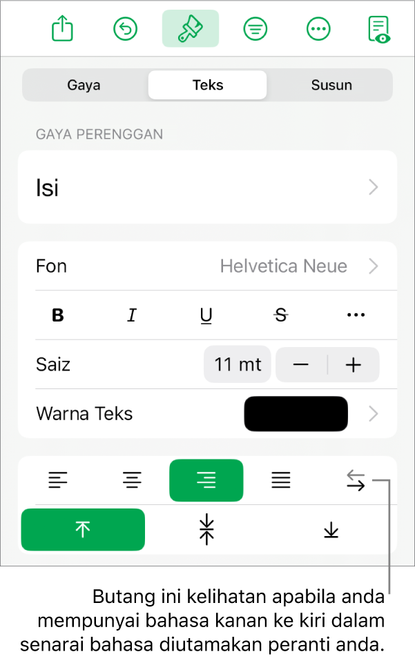 Bahagian Gaya pada menu Format dengan petak bual ke butang Kanan ke Kiri.