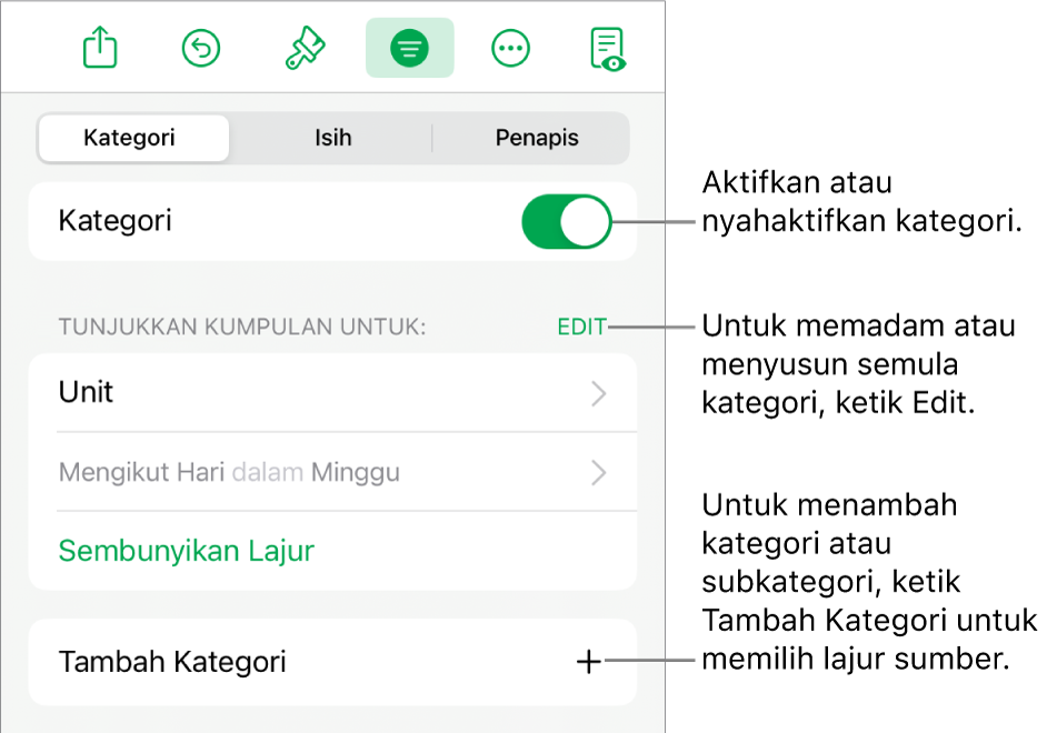 Menu Kategori untuk iPad dengan pilihan untuk menyahaktifkan kategori, memadam kategori, mengumpul semula data, menyembunyikan lajur sumber dan menambah kategori.