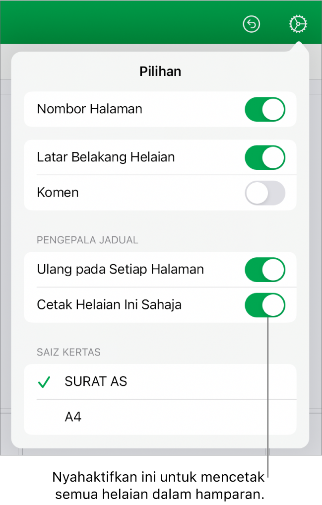 Anak tetingkap pratonton cetak, dengan kawalan untuk menunjukkan nombor halaman, pengepala berulang pada setiap halaman, menukar saiz kertas dan memilih untuk mencetak keseluruhan halaman atau hanya helaian semasa.