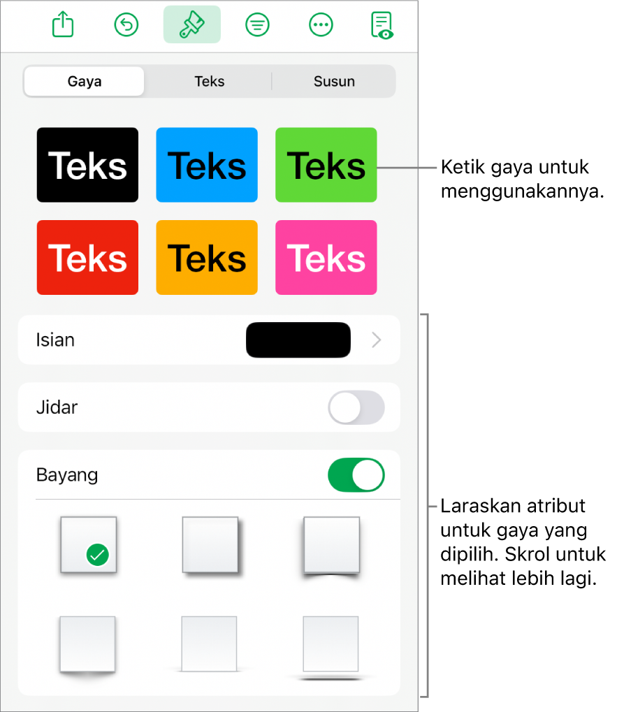Tab Gaya dalam menu Format dengan gaya bentuk di bahagian atas dan kawalan di bawahnya untuk menukar isi, jidar dan bayang.