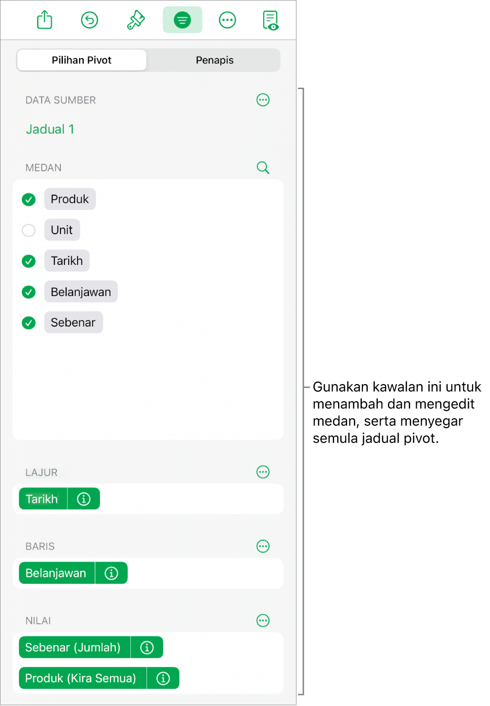 Menu Pilihan Pivot menunjukkan medan dalam bahagian Lajur, Baris dan Nilai, juga kawalan untuk mengedit medan.