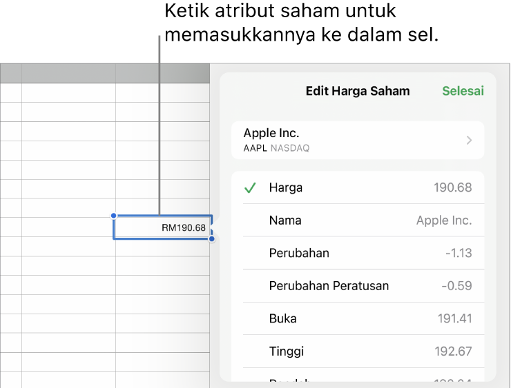 Menu timbul harga saham, dengan nama saham di atas dan atribut saham boleh dipilih termasuk buka harga, nama, pertukaran, pertukaran peratus, bukaan dan tinggi disenaraikan di bawah.
