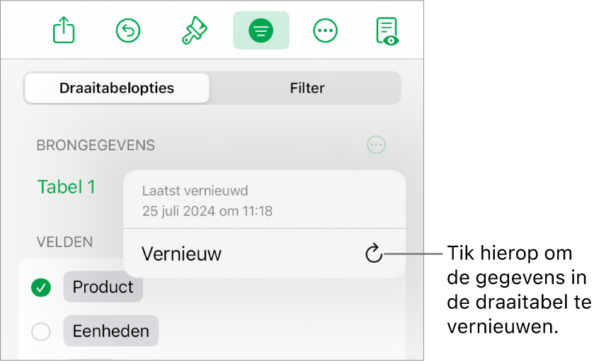 Het menu 'Draaitabelopties' met de optie om de draaitabel te vernieuwen.