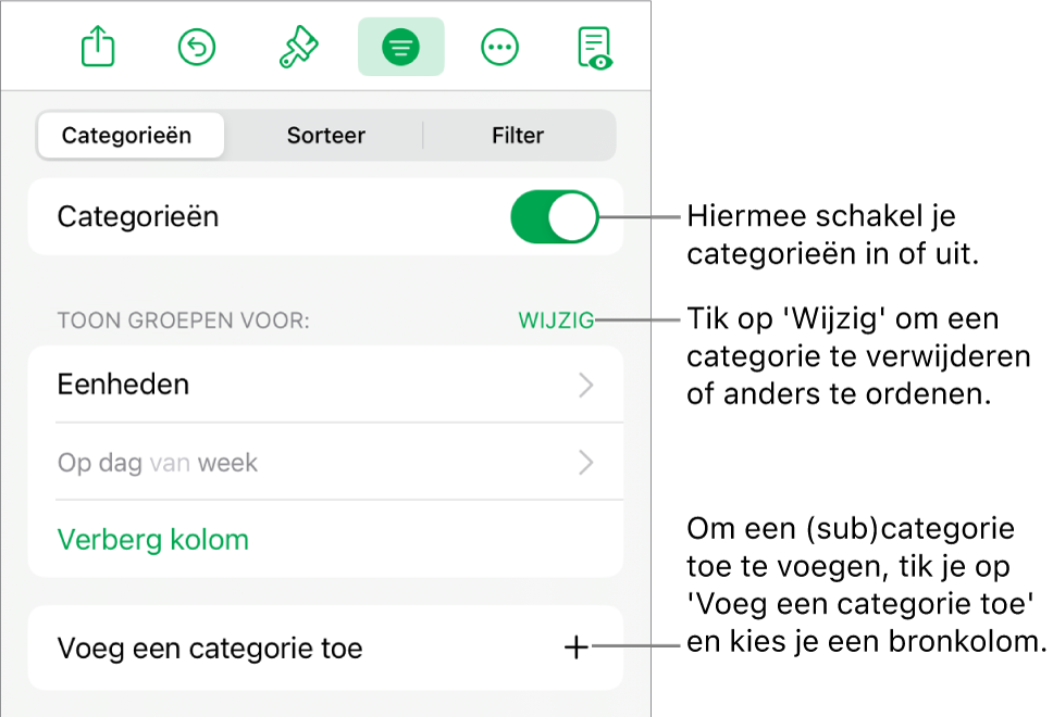 Het menu 'Categorieën' op de iPad met de volgende opties: categorieën uitschakelen, categorieën verwijderen, gegevens anders groeperen, een bronkolom verbergen en categorieën toevoegen.