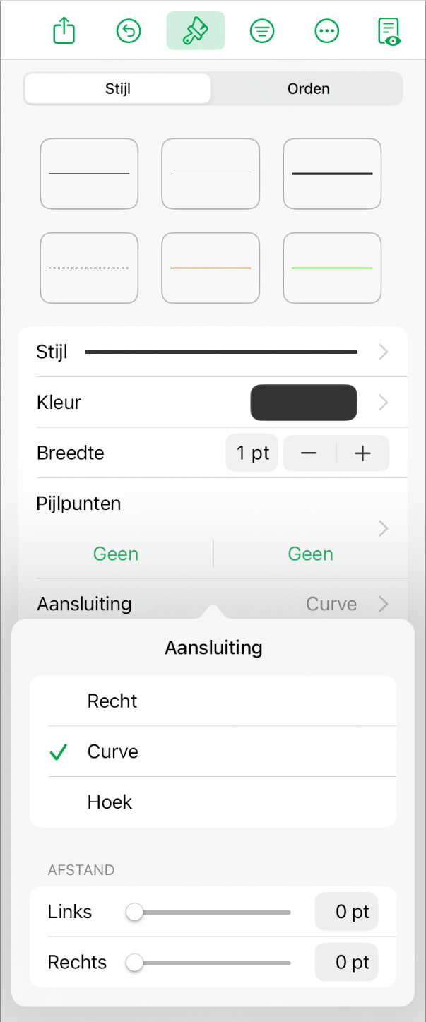 De aansluitingsregelaars waarbij 'Curve' is geselecteerd.