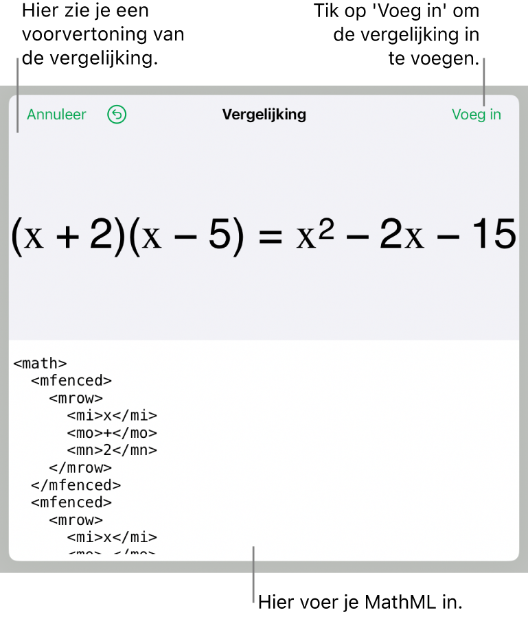Het venster 'Vergelijking' met daarin een vergelijking die geschreven is met MathML-commando's en erboven een voorvertoning van de formule.