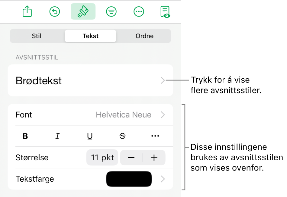 Format-menyen som viser tekstkontroller for å angi avsnitts- og tegnstiler, font, størrelse og farge.