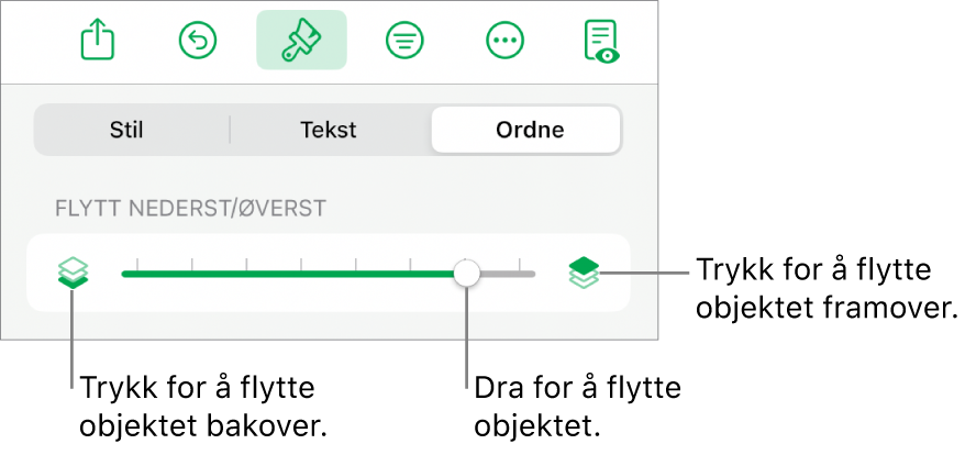 Flytt bakover-knappen, Flytt framover-knappen og skyveknappen for lagdeling.
