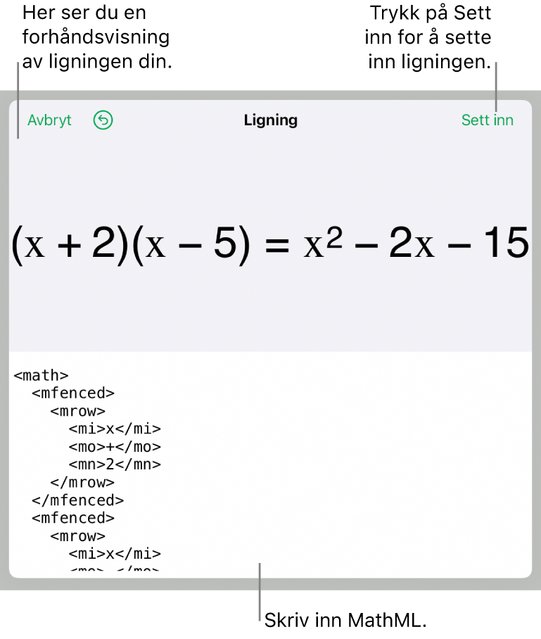 Ligning-dialogruten, som viser en formel skrevet med MathML-kommandoer, og en forhåndsvisning av formelen ovenfor.