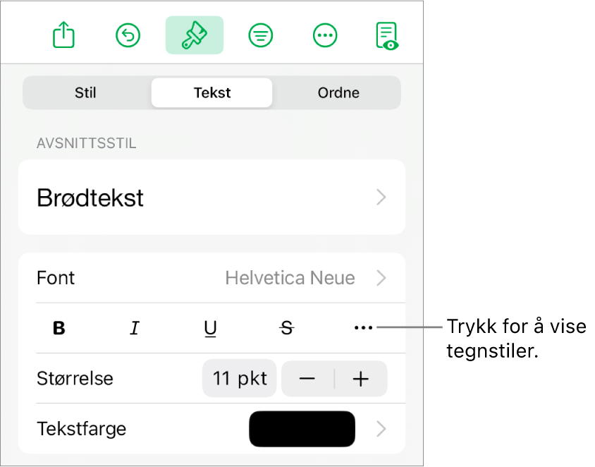 Format-kontrollene med avsnittsstiler øverst, deretter Font-kontroller. Under Font vises Halvfet-, Kursiv-, Understreket-, Gjennomstreket- og Flere tekstvalg-knappene.