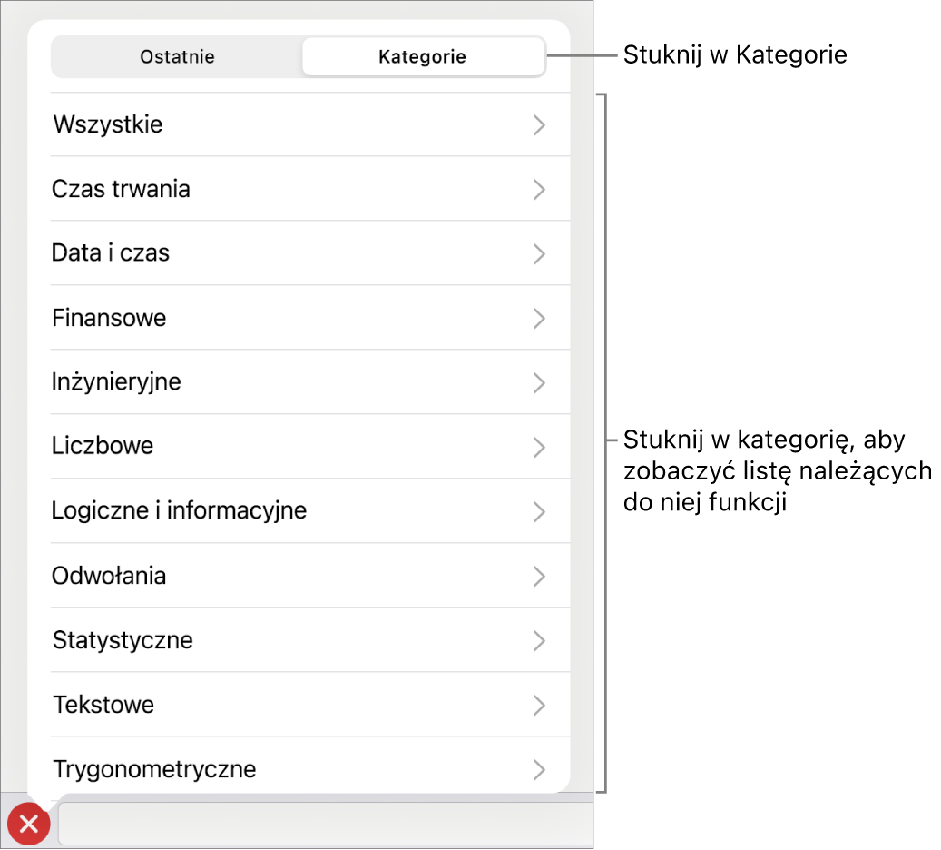 Przeglądarka funkcji z objaśnieniem wskazującym przycisk Kategorie oraz listą kategorii.