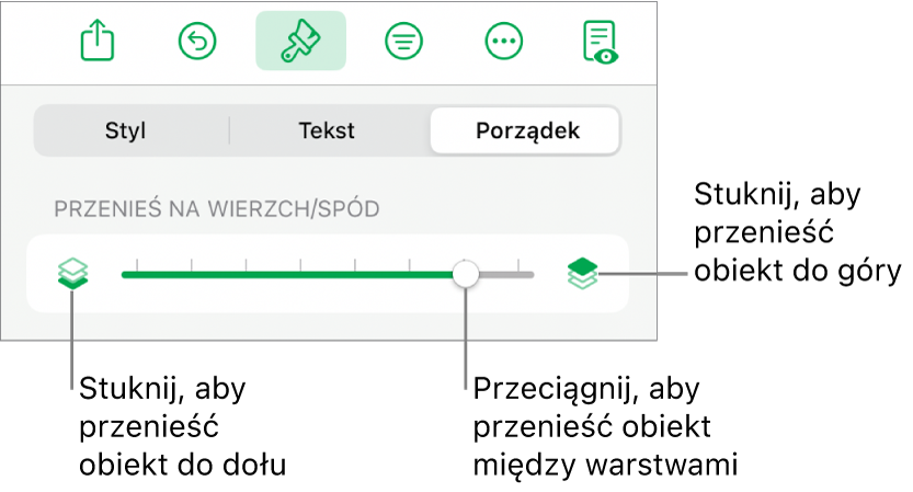Przycisk przenoszenia niżej, przycisk przenoszenia wyżej i suwak warstw.