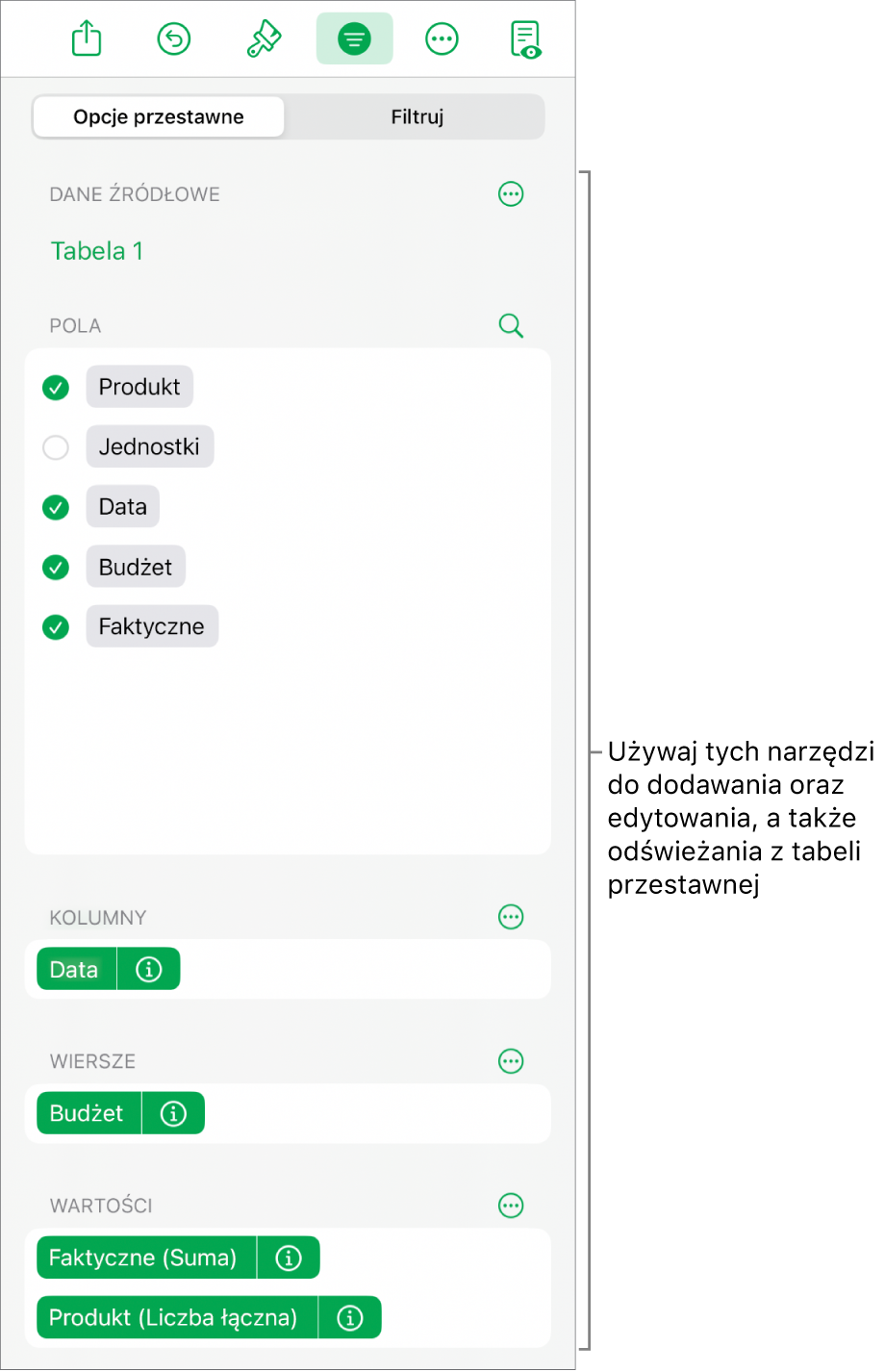 Menu Opcje przestawne zawierające pola w sekcjach Kolumny, Wiersze i Wartości, a także narzędzia do edycji pól.