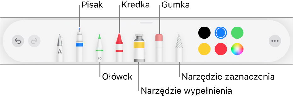 Pasek narzędzi rysowania: pisak, ołówek, kredka, wypełnianie, gumka i zaznaczanie. Oprócz nich widoczna jest także paleta kolorów, zawierająca bieżący kolor. Po prawej stronie znajduje się przycisk Więcej.