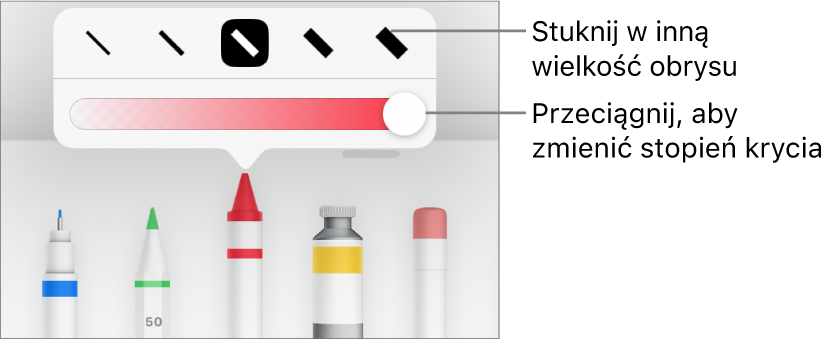 Narzędzia do ustawiania grubości kreski oraz suwak do ustawiania stopnia krycia.