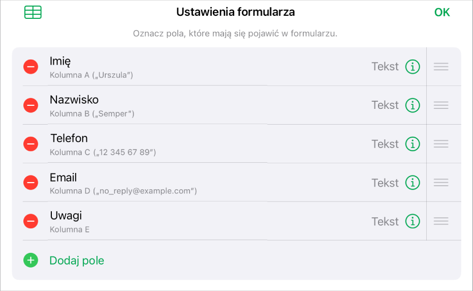Narzędzia do konfigurowania formularza. Widoczne są opcje dodawania, edycji, zmiany kolejności i usuwania pól, a także zmiany formatu pól (np. z Tekst na Procent).