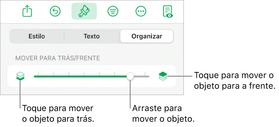 Botão Mover para Trás, botão Mover para a Frente e controle deslizante de camada
