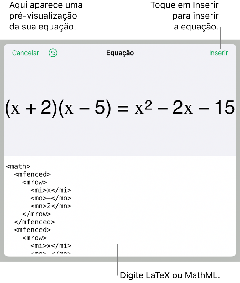O diálogo de Equação, mostrando uma equação escrita com comandos MathML e uma pré-visualização da fórmula acima.