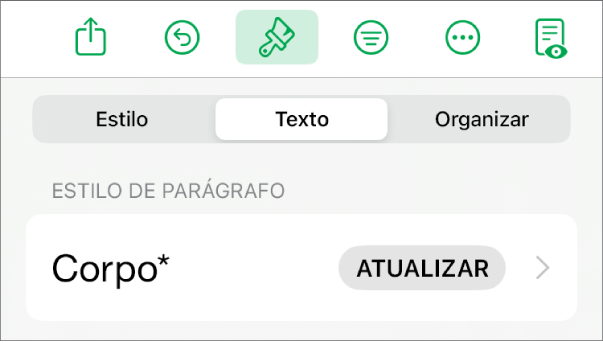 Um estilo de parágrafo com um asterisco ao lado e um botão Atualizar à direita.
